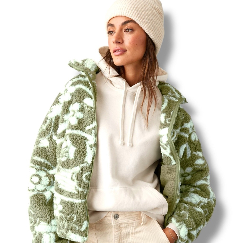 American Eagle Green Floral Sherpa Jacket Small Oversized